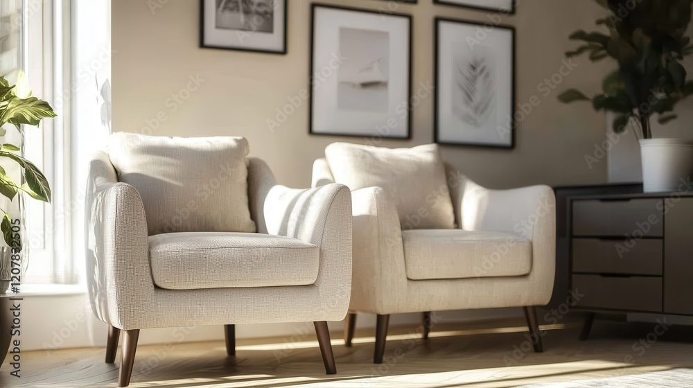 Fototapeta premium A stylish beige living room interior featuring cozy armchairs, a sleek drawer, and space for gallery posters.