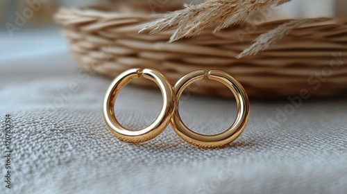 Elegant gold hoop earrings placed on a textured fabric background displaying ...