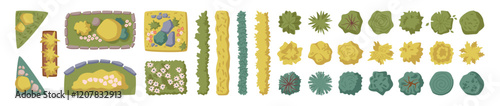 Architectural and landscape elements top view. Vector trees and bushes, flower beds of various shapes with flowerets and plants, decorated with stones. Cityscape design. Objects for project or map