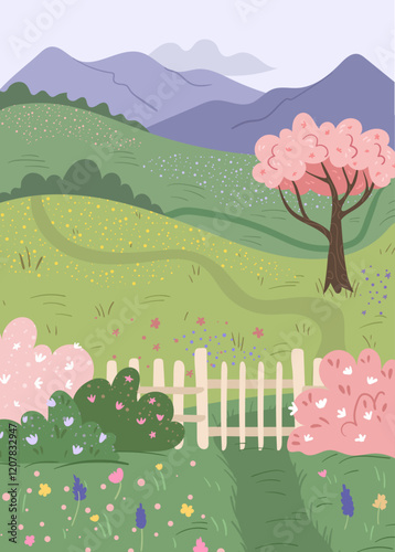 Nature landscape with mountains and hills, meadow with blooming flowers and park with fence. Vector wild scenery with cherry tree blossom, bushes and floral grass, path for walking outdoors