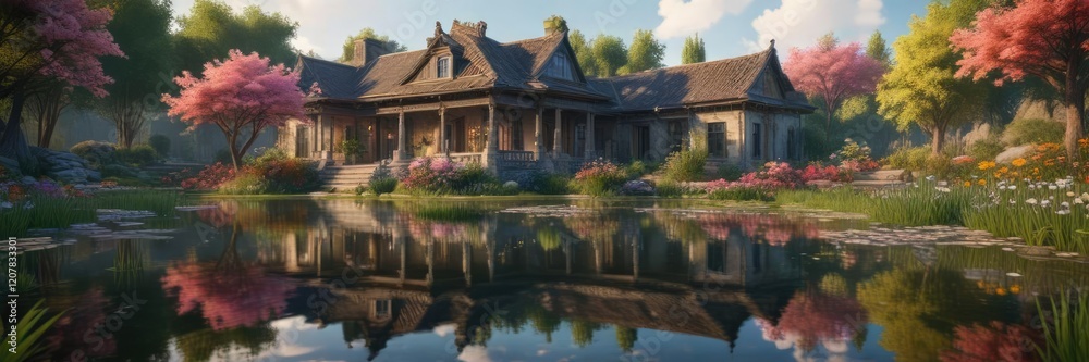 Ancient mansion reflected in the calm surface of a pond with blooming flowers and surrounding grass, countryside scenery, rural landscape Ancient mansion reflected in the calm surface of a pond with blooming flowers and surrounding grass, countryside scenery, rural landscape