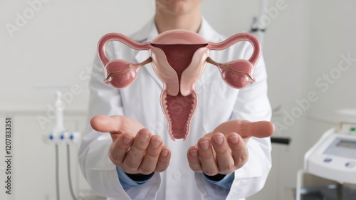 Doctor shows female reproductive system on medical background. Help and care concept. 3d illustration