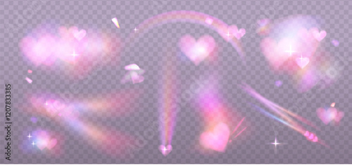 Big set of romantic lens, crystal pink light and flare transparent effect elements. Valentine's day Overlay templates. Triangular glass prism concept. Vector eps10
