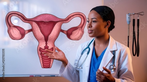 Doctor shows female reproductive system on medical background. Help and care concept