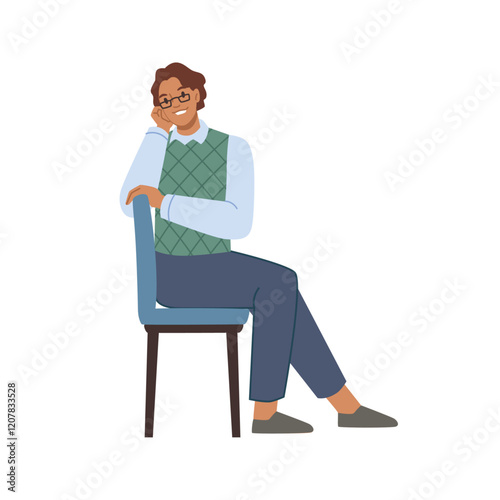 Man sitting on chair, isolated cheerful positive male personage wearing formal clothes and glasses. Vector flat cartoon character, young guy on comfortable and soft armchair looking aside