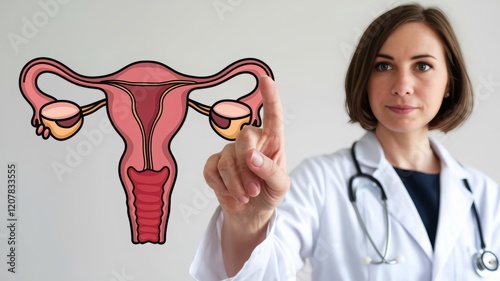 Doctor shows female reproductive system on medical background. Help and care concept