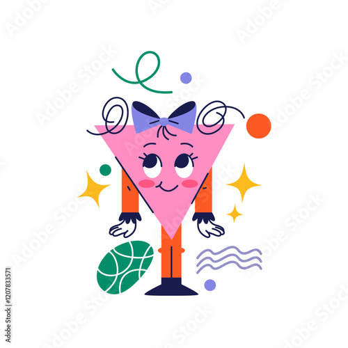 Geometric figure personage with bow ribbon and cute facial expression. Isolated mascot girl with smile and eyes. Vector cartoon character, sticker or emoji, female creature in shape of triangle