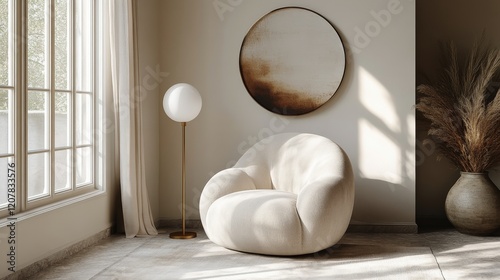 Modern interior design featuring a cozy chair, glowing lamp, and indoor tree ...