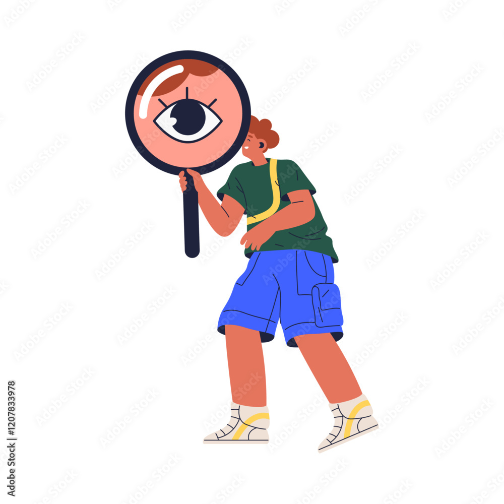 Man investigate with big magnifier stationery tool. Vector curious person with big eye, holding in hands giant magnifying glass or loupe and looking far ahead. Faq question and inquiry, seo research