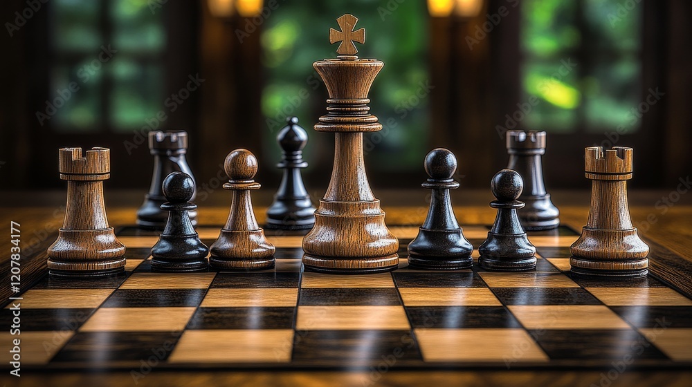 Classic wooden chess set on wooden table. Classic wooden chess set on wooden table.