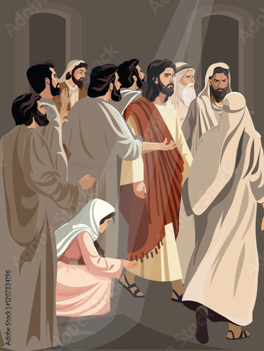 Biblical vector illustration series. Jesus heals the bleeding woman