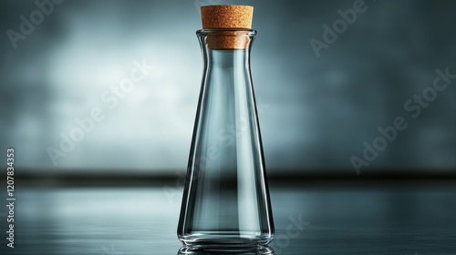 Clear glass bottle with cork cap reflecting sunlight on tranquil surface indoors