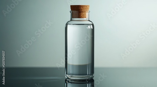 Clear glass bottle with cork cap reflecting sunlight on tranquil surface indoors
