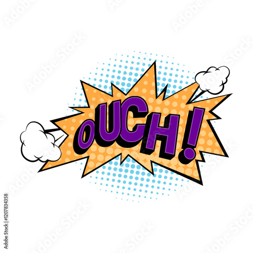 Ouch sound effect for comic books and characters emotion expression. Vector isolated bubble of cloud or explosion with noise to express pain. Personages words or thought, pop art style design