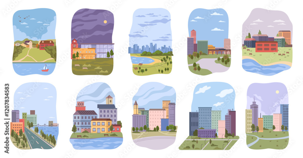 Obraz premium City landscape collection in day and night. Vector view of roads and parks, lakes and rivers, highrise and municipal buildings. Cityscape with greenery and clouds. Suburban and urban life set