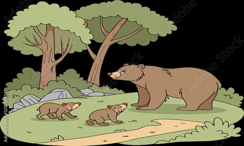 illustration of a bear and cubs in a park vector silhouette beground very cute