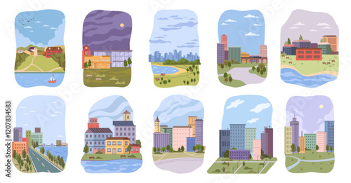 City landscape collection in day and night. Vector view of roads and parks, lakes and rivers, highrise and municipal buildings. Cityscape with greenery and clouds. Suburban and urban life set