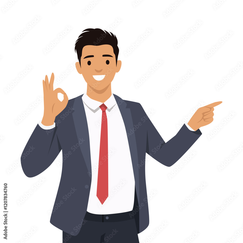Businessman in a suit gesturing an OK sign and the other pointing away. Flat vector illustration isolated on white background Businessman in a suit gesturing an OK sign and the other pointing away. Flat vector illustration isolated on white background