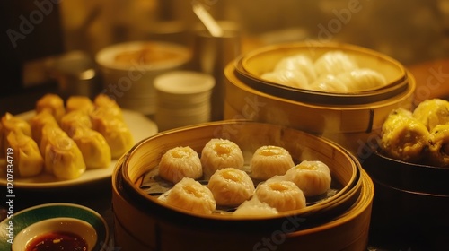 Dim sum food with many asian dishes