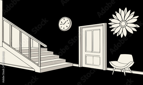 living room illustration staircase door clock beground vector
