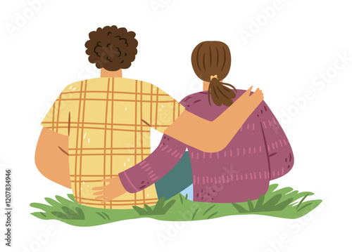 Married couple sitting on grass hugging each other and enjoying rest. Vector family outdoor recreation. Female and male characters watching natural scenery. Husband and wife dating on camping