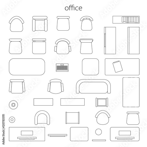 Top view of furniture for office, isolated objects for workspace. Vector flat cartoon, interior design and planning. Sofas and chairs, table with computer or laptop, schematic representation