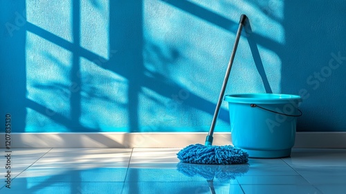 Brightly colored room with a blue bucket and yellow wall showing soft shadows...