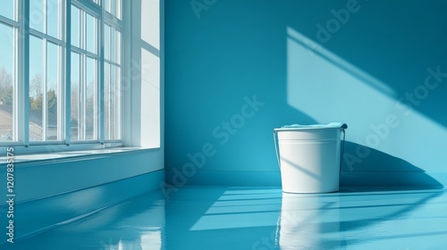 Brightly colored room with a blue bucket and yellow wall showing soft shadows...