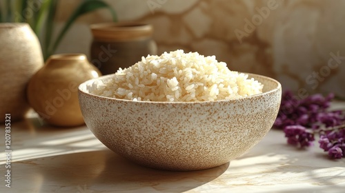 Perfectly cooked white rice served in a textured bowl on a marble countertop