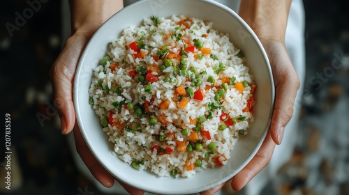 Perfectly cooked white rice served in a textured bowl on a marble countertop