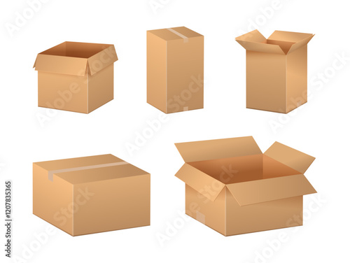 Cardboard box mockup set from side, front and top view, open and closed containers. Vector isolated parcel with tape, packaging template for delivery and distribution company. Courier order express