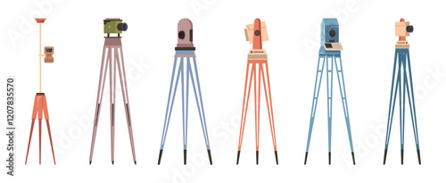 Theodolite for land surveying, isolated set of geodesic equipment. Vector geodesist kit tripod for topography, examination of angle. Precision optical instrument for measuring, industry kit