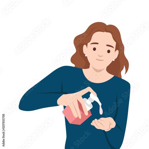 Woman dispensing hand sanitizer onto her palm, emphasizing hygiene and cleanliness. Flat vector illustration isolated on white background