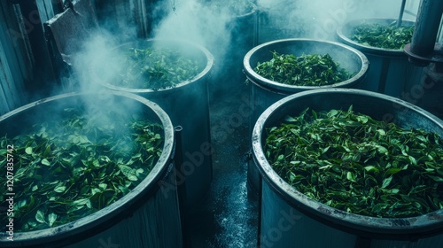 Freshly Harvested Green Tea Leaves Steaming in Traditional Processing Bins Inside a Tea Factory, Showcasing the Art of Tea Production and Aromatic Tea Culture photo