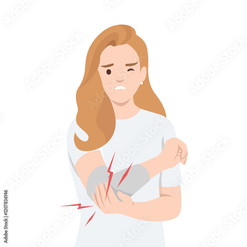 Woman holding her arm in visible pain, with red lines indicating an injury. Flat vector illustration isolated on white background