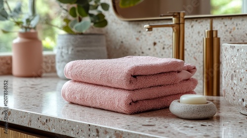 Soft white towels neatly arranged on a bathroom shelf with a plant nearby in ...