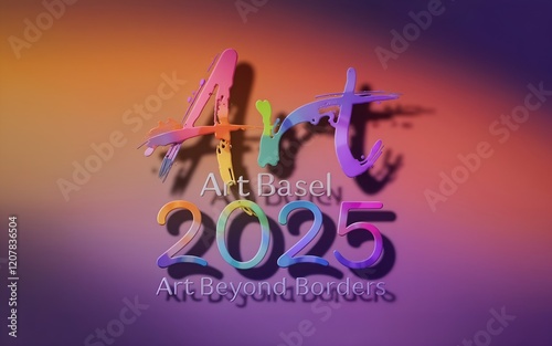 Vibrant design featuring 'Art Basel 2025' text with a paintbrush effect, warm orange and purple gradient background, and tagline 'Art Beyond Borders'. photo