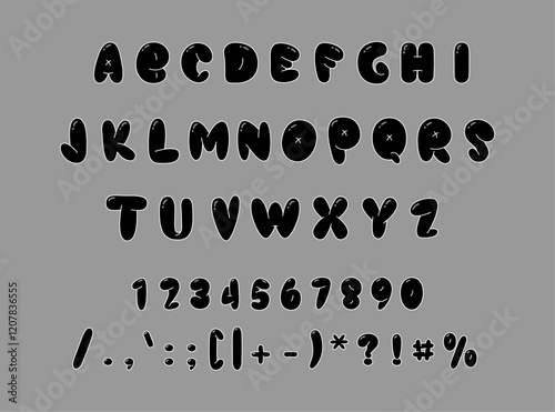 Retro black font, letters and numbers, special character typeface. Vector isolated set of y2k bubble balloon lettering typography. Vintage doodle glossy numeric symbols and English alphabet