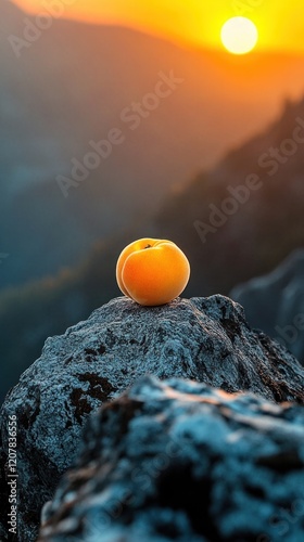 Scenic sunset over a rugged mountainous landscape with a solitary rock formation silhouetted against the vibrant orange sky  The peaceful