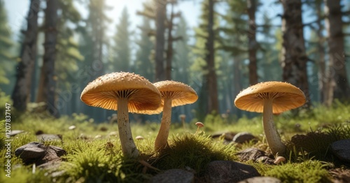 Aspen mushroom spores released into the air on a warm summer day , mushroom spores, summer, wild