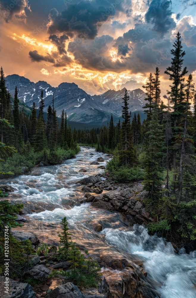 A stunning view of mountains and a pine forest with a river flowing through, captured at sunset under a sky filled with beautiful clouds A stunning view of mountains and a pine forest with a river flowing through, captured at sunset under a sky filled with beautiful clouds