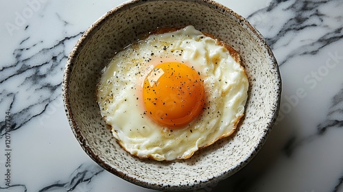 Mixing fresh eggs in a bowl on a marble countertop with a whisk and a whole e...