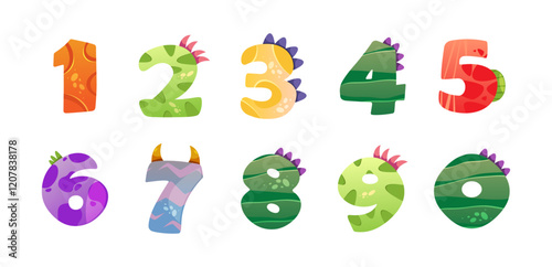 Dinosaur numbers with spikes and horns. Vector isolated creative childish typography design, numeric digits and characters for text. Learning to count, elementary and preschool education