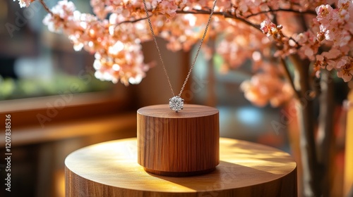Elegant diamond necklace displayed on a wooden stand surrounded by cherry blo...
