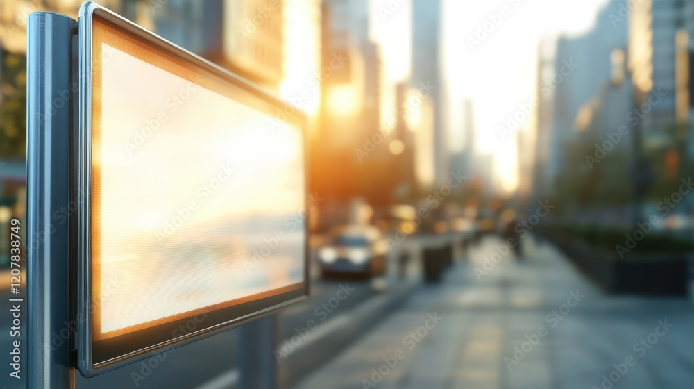 Urban Street Scene Featuring Iconic Street Sign Against Backdrop of Cityscape with Busy Pedestrians and Vehicles Flowing