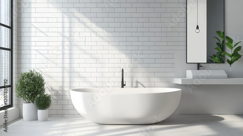 A stylish loft bathroom corner featuring white tiles, a modern bathtub, and a sleek sink. photo