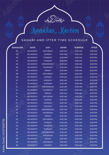 Ramadan Kareem Islamic calendar template and sehri ifter time schedule 