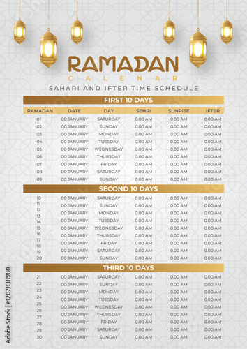 Ramadan Calendar Design Template. Islamic Calendar and Sehri Ifter time Schedule. Ramadan Kareem Flyer Design  