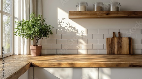 Modern kitchen interior with natural light and greenery enhancing the spaciou...