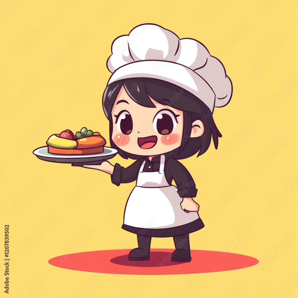 Cartoon chef holds food on a plate against a plain background, suitable for children's content Cartoon chef holds food on a plate against a plain background, suitable for children's content